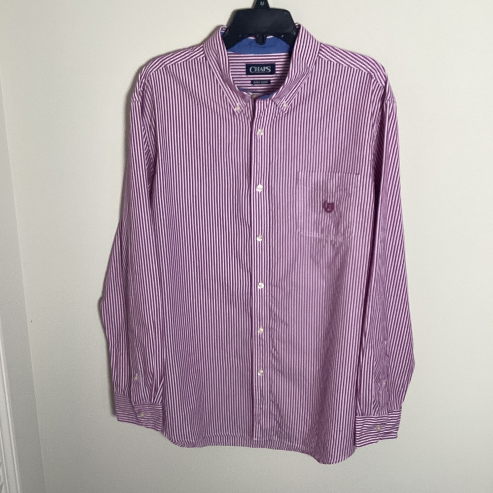Chaps Striped Button Down Shirt Mens XL Magenta Easy Care Preppy Casual Work